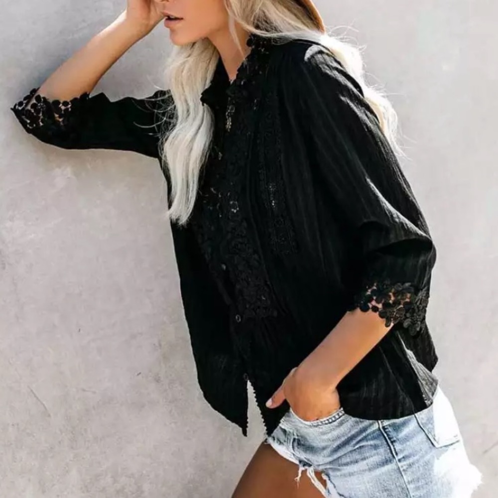 Black Bohemian Lace Crochet Button Front Blouse - Picture 6 of 6